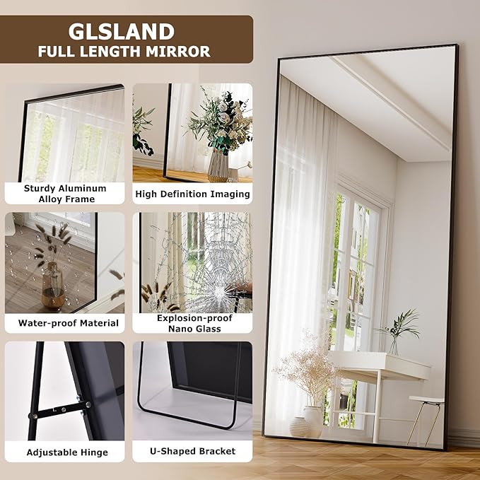 GLSLAND 76"x34" Full Length Mirror Extra Large Hanging or Leaning Rectangle Mirror Aluminum Alloy Thin Frame Bedroom Floor Dressing,Black