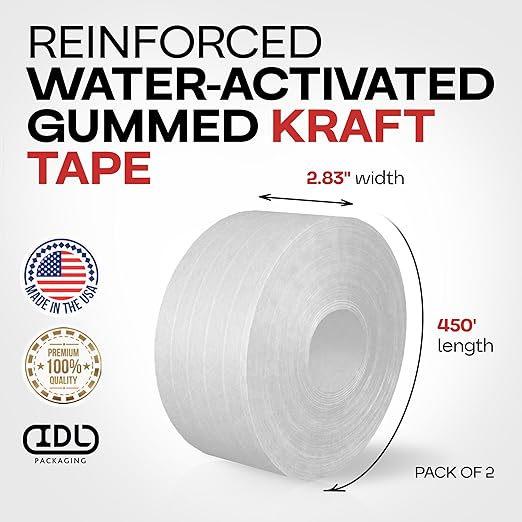 IDL Packaging 2.83" x 450 feet Reinforced Water-Activated Kraft Gummed Tape 30lb Thickness (Pack of 2) - Secure Paper Packing Tape for Secure Carton Sealing - Heavy-Duty for All Conditions, White