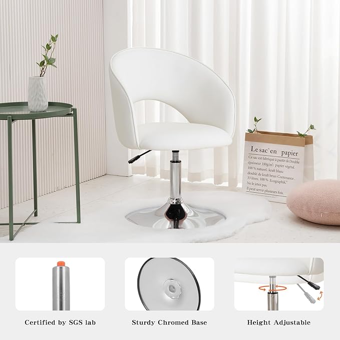 Furnimart Vanity Chair White Leather Vanity Stool, Height Adjustable Accent Chair with Back, Round Swivel Makeup Chair for Living Room Bedroom Vanity Makeup Room (PU White)