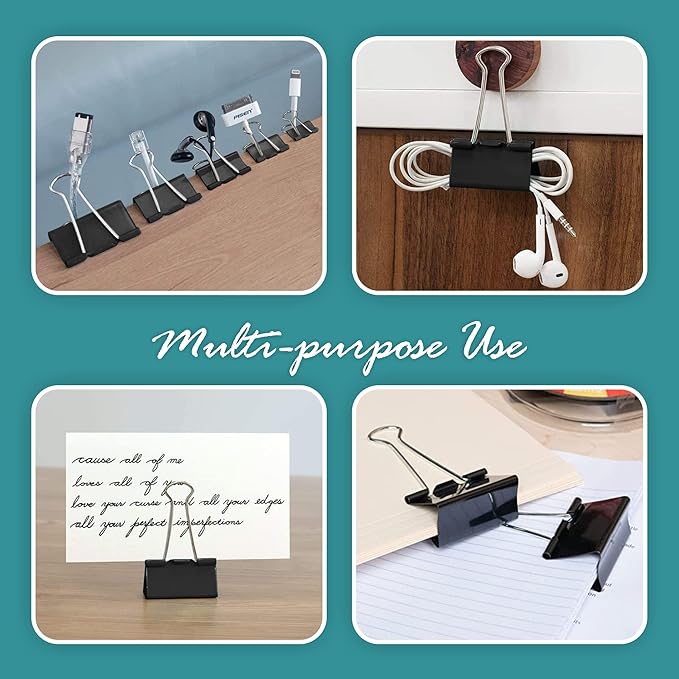 Binder Clips - 24 Medium Binder Clips, 1.25 Inch Black Paper Clamps, File Clip for Home, Office and School Supplies