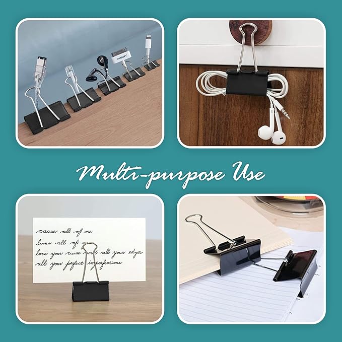 Binder Clips - 48 Medium Binder Clips, 1.25 Inch Black Paper Clamps, File Clip for Home, Office and School Supplies