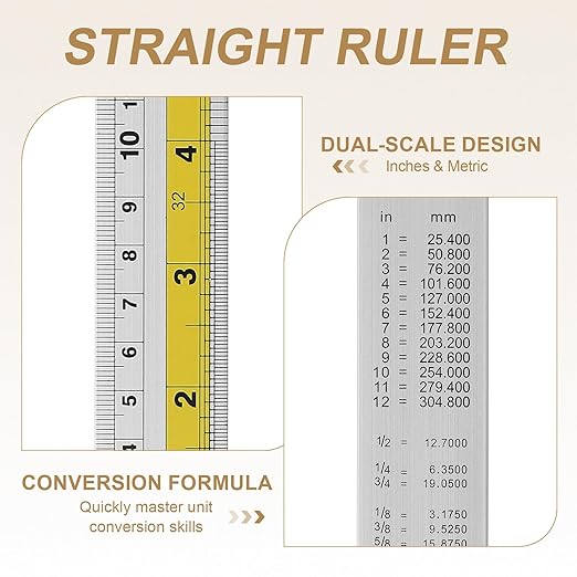 HARFINGTON 4pcs Metal Straight Ruler 20cm Metric SAE Aluminum Alloy Measuring Rulers Scale Tool with Hole for Measure Study Reading Classroom Office, Yellow