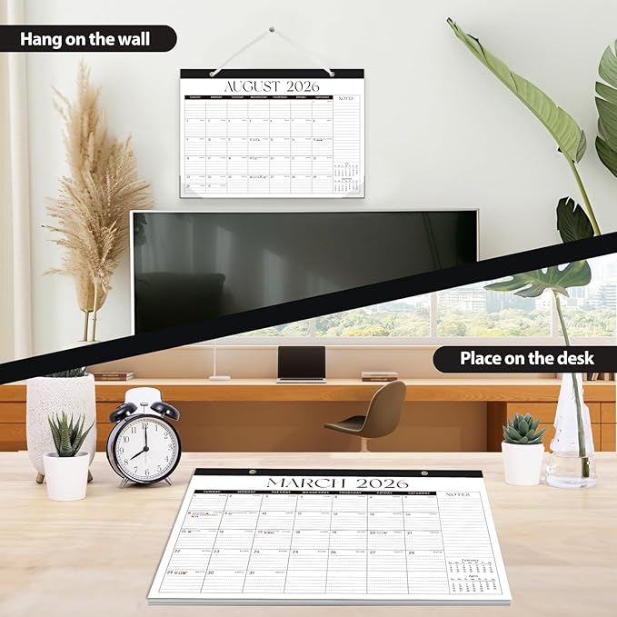 Desk Calendar 2025-2026, Monthly Desktop Large Calendar (July 2025-December 2026) Desk Wall Planner for Family Office Teacher School, 17" x 12" Black-White