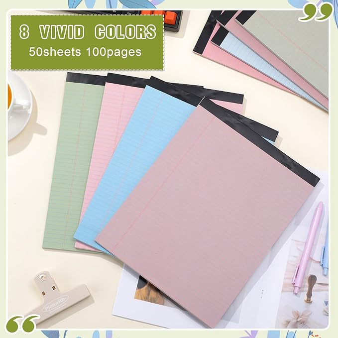 Fuutreo 8 Pcs 8.5'' x 11'' Colored Legal Pad Writing Pads Narrow Ruled 50 Sheets Per Notepad Perforated Writing Notepad Office Supplies for College Office Business (Earthy Color)