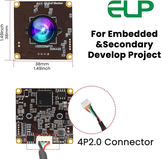 ELP 5MP Global Shutter 50fps USB Camera - Wide Angle Webcam for Live Streaming (100 No Distortion Lens)