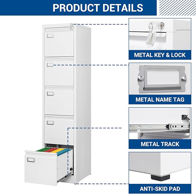 File Cabinets - 5 Drawers Vertical 17.8" Deep Lockable Filing Cabinet - White Metal Storage Cabinets for Home Office to Hanging Files Letter/Legal/F4/A4 Size