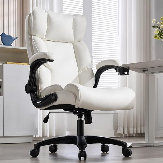 Big and Tall Office Chair 500lbs Wide Seat Executive Office Desk Chair High-Back Office Task Chair with Flip-Up Armrest, Ergonomic Lumbar Support Computer Office Chairs for Heavy People(White)