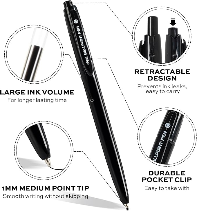 deli Pens Bulk, 100 Pack Retractable Ballpoint Pens, 1.0MM Black Ink,Smooth Writing, No Bleed, Comfortable Grip for Home,Office & School Use