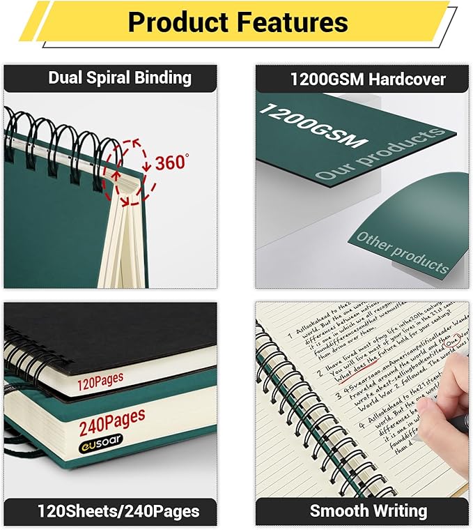 EUSOAR Notebooks for School, 1 Pack A4 8.3"x11.2" Hardcover Spiral Lined Journal College Ruled, 240 Pages(120 Sheets) Writing Pads Professional Notebook for DIY Note Taking Business Work Office