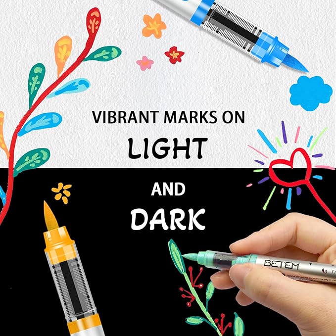 Betem Paint Markers Acrylic Paint Pens, 24 Colors Brush Tip Water Based Markers with Direct Ink System, Permanent Marker Colored Pens, Art Supplies for Rock Painting, Wood, Fabric, DIY Crafts Gift