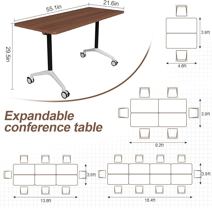 Folding Conference Table, Modern Large Conference Room Tables with Flip-Top Design, Foldable Conference Table Meeting Table with Wheels, Mobile Seminar Training Tables for Office Classroom (6, Brown)