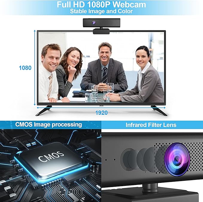 Full HD 1080P Computer Camera with 4 Built-in Omnidirectional Microphones and Speaker for Video Conference Streaming, USB External Webcam with Magnetic Privacy Cover for Desktop Monitor Laptop