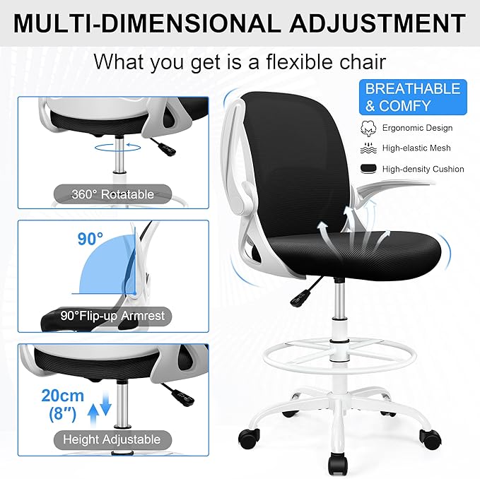 Drafting Chair Tall Office Chair with Flip-up Armrests, Adjustable Height, and Enhanced Lumbar Support - Ergonomic Rolling Stool, Back Support, and Adjustable Foot Rest Ring for Standing Desk White