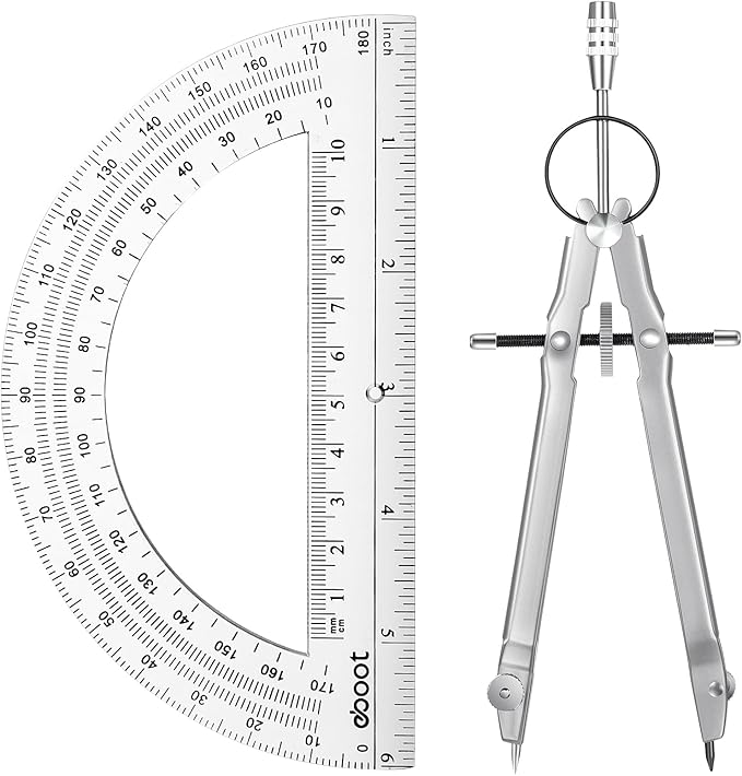 EBOOT Student Geometry Math Set, Drawing Compass and 6 Inch Clear Swing Arm Protractors 180 Degree Math Protractor (Silver)