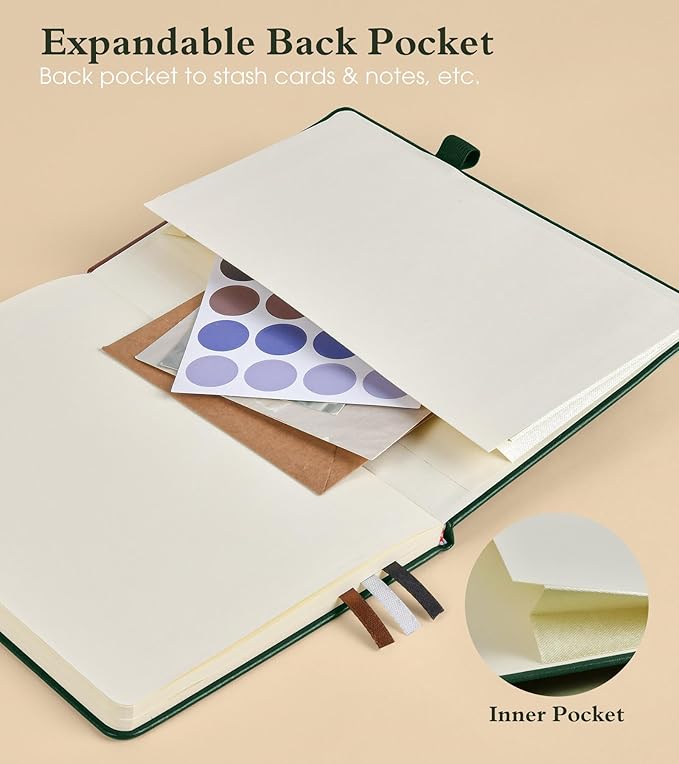 Dotted Journal Notebook for Women Men, 160 Pages Dot Grid Paper,Inner Pocket, A5 Hardcover Vintage Leather Notebooks for School, Work, Travel, Note Taking，Bullet Journaling 5.8"x8.5" (Green)