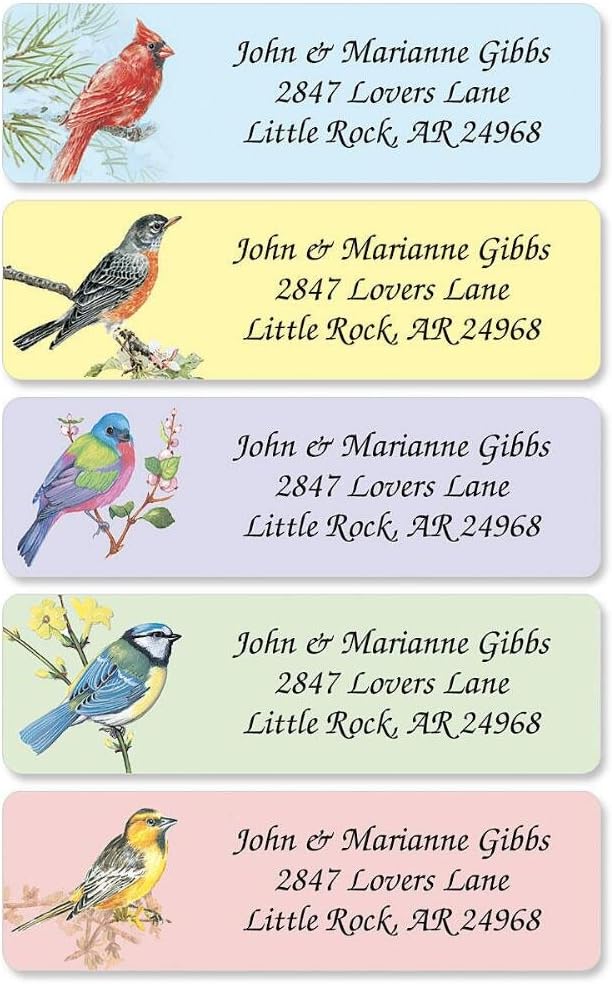 Birds Rolled Personalized Return Address Mailing Labels with Dispenser, Set of 500,5 Designs, Small ¾ x 2½ Inch Size, Custom Self-Adhesive Sticker Roll, by Colorful Images