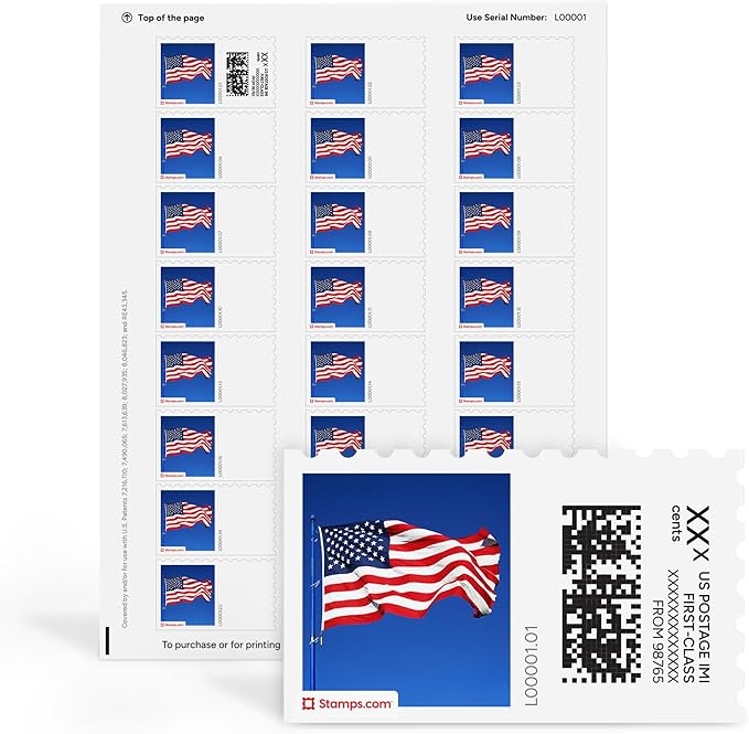 Flag NetStamps 120-Pack (5 Sheets) Printable Postage Labels (Stamps.com Subscription Required) - Print Approved Postage - Inkjet & Laser Printers - Business, Personal, Home