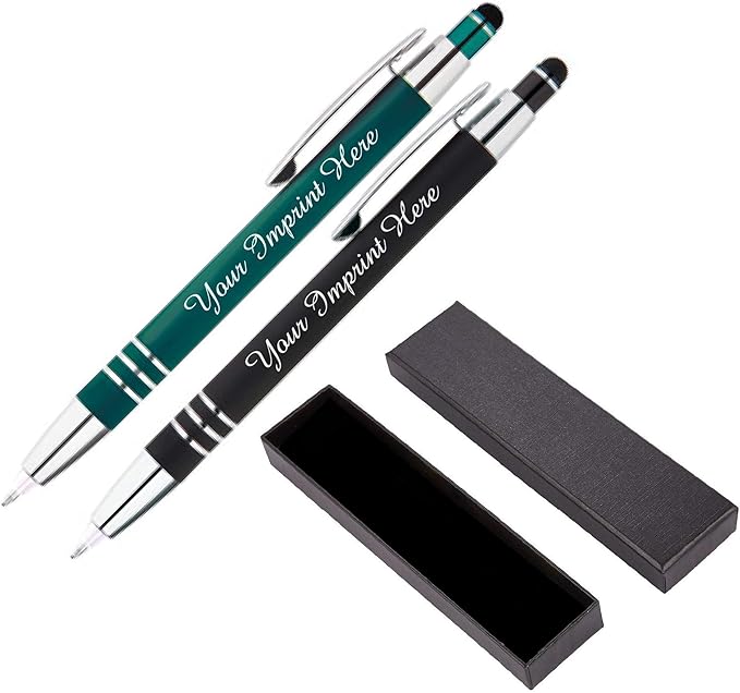 ExpressDesigns™ - Personalized Pens Gift Set - 2 Pack of | LED Flashlight Soft Touch Metal Pens w/gift box | Luxury Ballpoint Pen Custom Engraved with Name or Message | Light Up Pens (Black - Green)