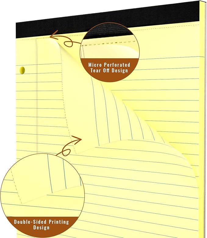 HAUTOCO 8.5 x 11 Legal Pads 12 Pack Yellow Wide Ruled Lined Writing Note Pads Perforated Notepad, 30 Sheets Per Notepad, 3-Hole Punched Paper for School, Office