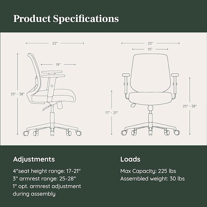 Branch Daily Chair - Computer Office Chair with Swivel, Lumbar Rest, and Adjustable Armrests - Sustainable, Stylish Mesh, & Adjustable Armrests - Comfortable Seating for Improved Posture - Green