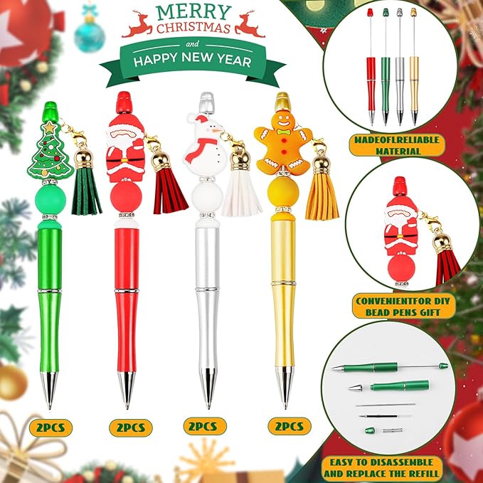 CZWZ 8 Pcs Christmas Beadable Pens, Plastic Beadable Pens with Multicolor Silicone Beads, Christmas Snowman Pine Tree Floral Hoop Deer Pens for Christmas Gifts Office School Supplies
