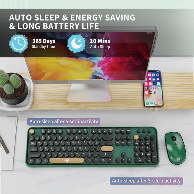 FD Wireless Keyboard and Mouse | Cute Colorful Keyboard and Mouse with 2.4GHz Cordless Retro Typewriter Keyboard | Auto-Sleep | USB Receiver for Windows PC/Laptop - Green Colorful