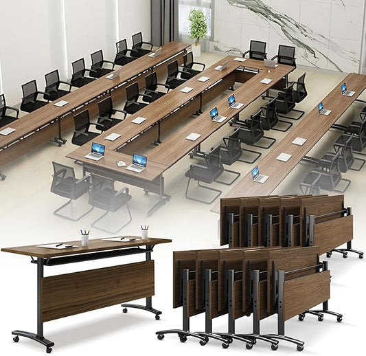 Folding Conference Room Table, Modern Conference Tables with Wheels, Large Rectangular Mobile Training Tables for Office Classroom, Foldable Modular Boardroom Seminar Table Walnut (10pack L70.9in)