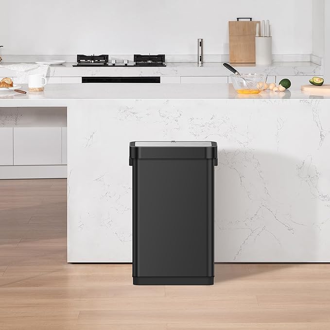 EKO Deluxe Mirage-T 50 Liter / 13.2 Gallon Touchless Rectangular Motion Sensor Trash Can, Matte Black Stainless Steel Finish