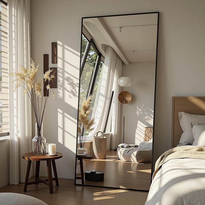 Full Length Mirror, 71"x32" Oversized Floor Mirror Freestanding, Full Body Mirror Floor Standing Mirrors with Stand, Hanging Mounted Mirrors for Bedroom Living Room, Black, Rect Style