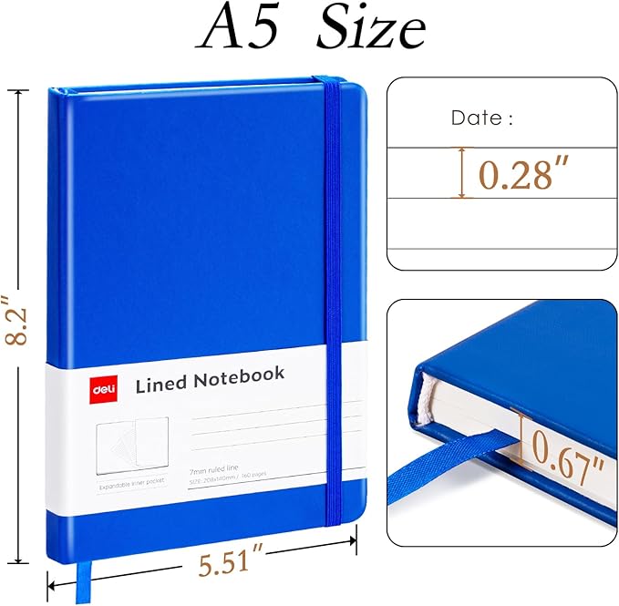 deli A5 Lined Journal Notebook, 160 Pages Hardcover Writing Notebook, 5.5"x8.2" College Ruled Notebook for Office, School, Work Notes (Blue)