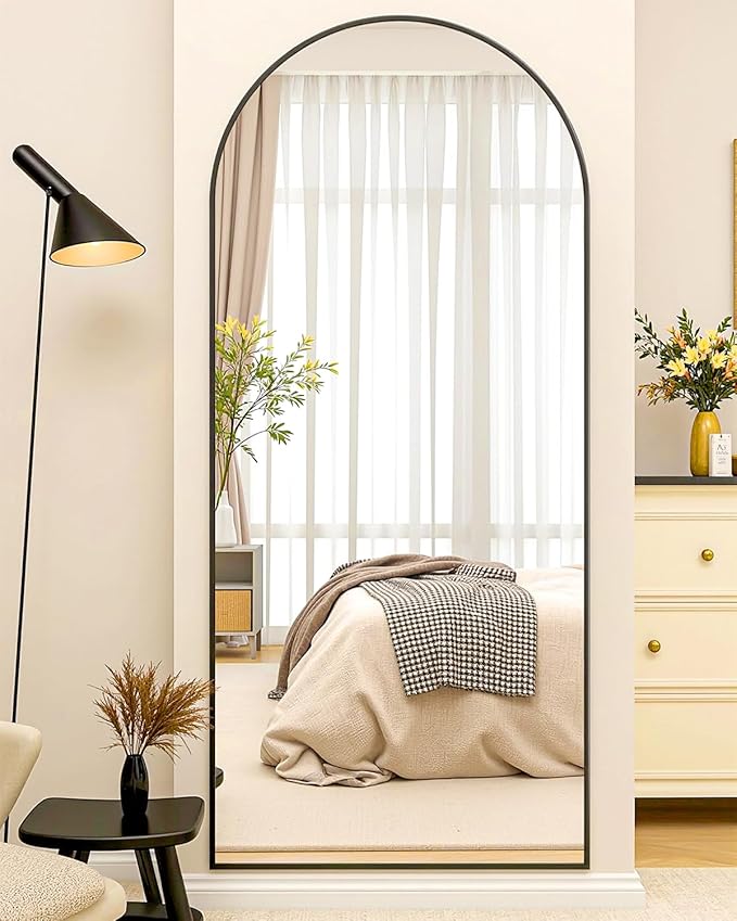 Full-Length Floor Mirror with Stand, 71"x32" Arched Style Full Body Standing Mirror for Bedroom, Living Room, Gym, Dorm - Shatter-Resistant & Easy Assembly, Black