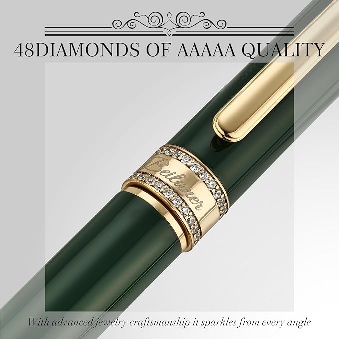 BEILUNER Green Lacquer Rollerball Pen, Diamond-Studded Cap Design, 24K Gold Trim, Noble and Elegant, Schneider Ink Refill, Best Pen Gift Set for Women & Men, Professional, Business Office, Nice Pens
