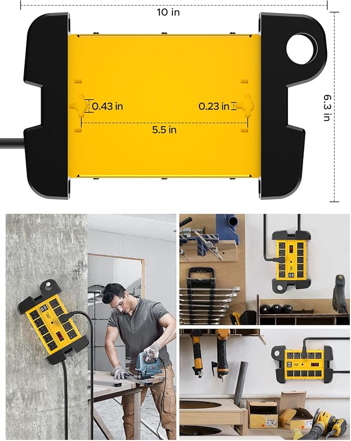 CRST Heavy Duty Power Strip with USB (3.1A),10-Outlet Metal Surge Protector Power Strip with 15FT Cord(2800J),15A Circuit Breaker, Wall Mount, ETL Listed
