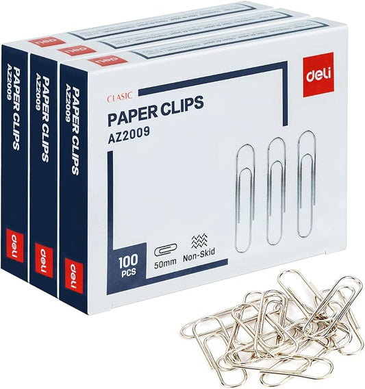 Deli Jumbo Paper Clips Nonskid, 300 Large Paper Clips, 3 Boxes of 100 Each, Silver