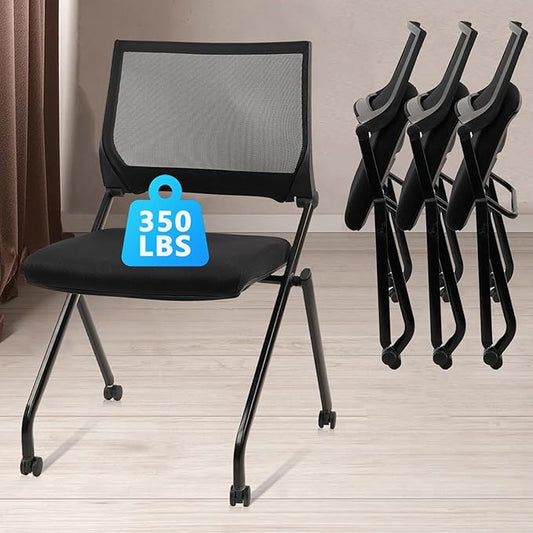 CLATINA Stackable & Foldable Conference Room Chairs, Waiting Room Chairs with Wheels & Lumbar Support, Ergonomic Mesh Bouncing Back Folding Chair for Office Meeting Schools Training Room, Black(4pk)