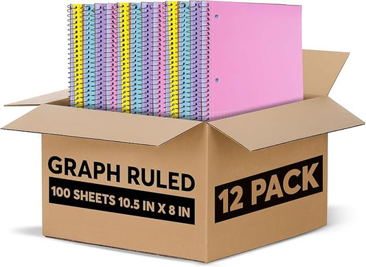Graph Paper Spiral Notebook - Graph Paper Notebook, Quad Ruled Grid Notebooks, Perforated Pages - 10.5 X 8 Inches - 1 Subject Wirebound Notebook - Assorted Colors - 100 Sheets per Book - (12 Pack)