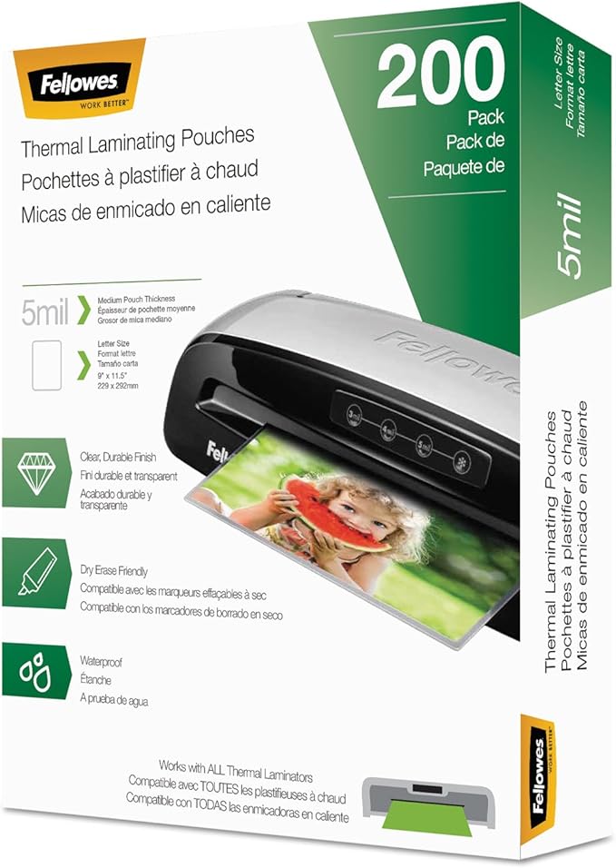 Fellowes Thermal Laminating Pouches, Letter Size Sheets, 5mil 200pk, Clear (5743601)