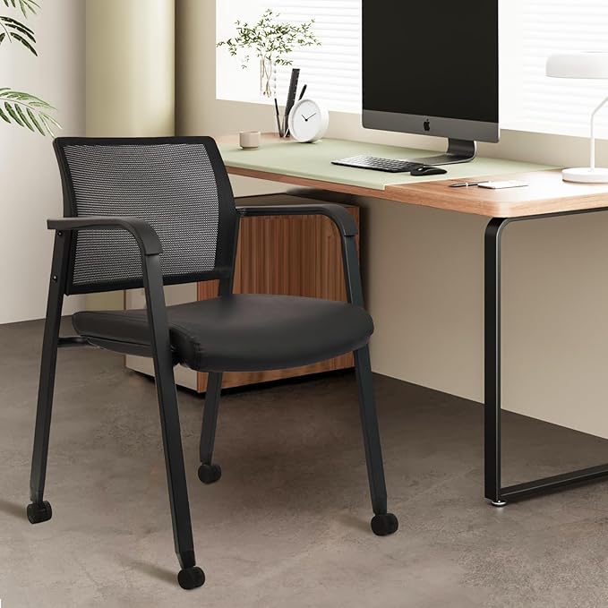 CLATINA Stacking Office Chair with Wheels, Mesh Back Waiting Room Guest Chairs with Arms Comfortable Leather Cushion Stackable Desk Chair for Conference Reception School Side Stationary, Black, 2PK