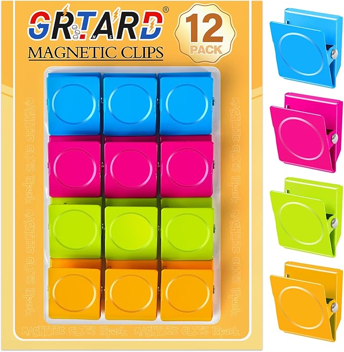 Grtard 12 Pack Magnetic Clips Heavy Duty, Colorful Strong Fridge Magnet Clips Heavy Duty, Metal Magnet Clips for Fridge, clip Magnets, Magnetic Clips for Refrigerator, Locker, Whiteboard, Home, Office