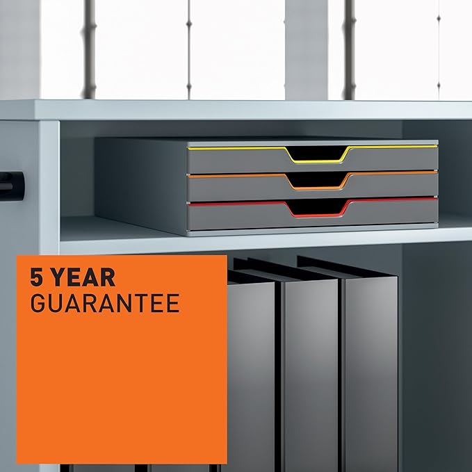 Durable Varicolor 3 Drawer Unit - Gray Desktop Drawer Set with 3 Color Coded Draws - Letter to Folio Size Files - Perfect for Storing Documents and Paper Work