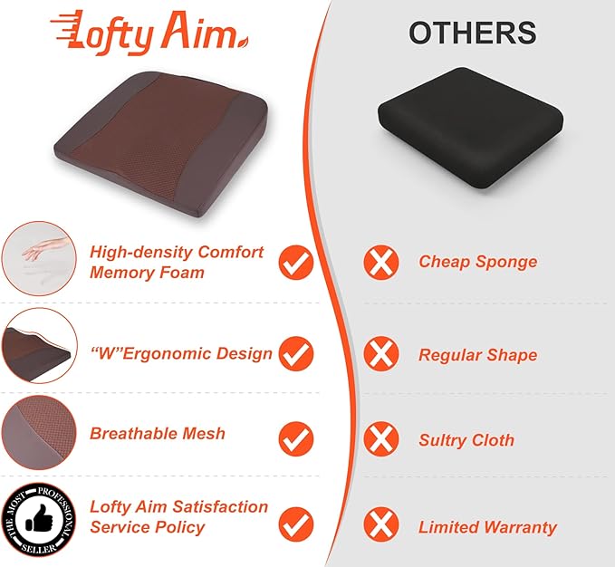 Car Seat Cushion, Comfort Memory Foam Car Cushions for Driving - Sciatica & Lower Back Pain Relief, Driver Seat Pillow for Auto, Office Chair, Wheelchair - Brown