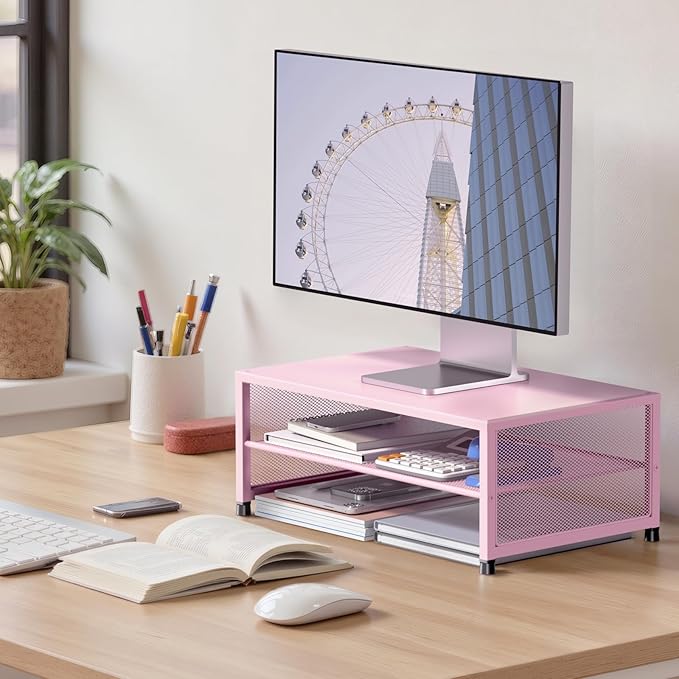 Computer Monitor Stand Riser, Desk Organizers and Accessories, Printer & Laptop Stand, Office Desk Accessories & Desktop Workspace Organizers for Office Supplies (Pink)