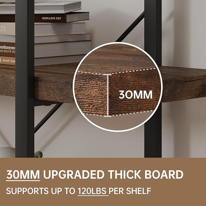 Bookshelf Set, Heavy Duty 4-Tier Industrial Bookcase, 47" Wide Wood Bookshelf for Home Office, 120lbs Shelf Capacity, Rustic Open Display with Horizontal Shelf for Living Room Bedroom