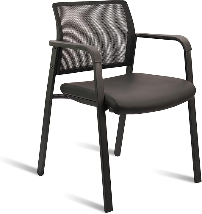 CLATINA Stackable Office Chair, Mesh Back Guest Chairs with Comfortable Leather Seat Arms Stacking Ergonomic Desk Chair No Wheels for Conference Waiting Reception School Side Stationary, Black