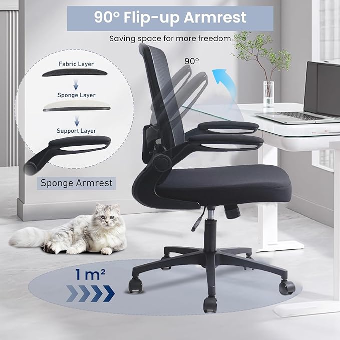 Desk Chairs with Wheels, Ergonomic Mesh Office Chair Adjustable Height and Swivel Lumbar Support Home Office Chair with Flip Up Armrests, Set of 6