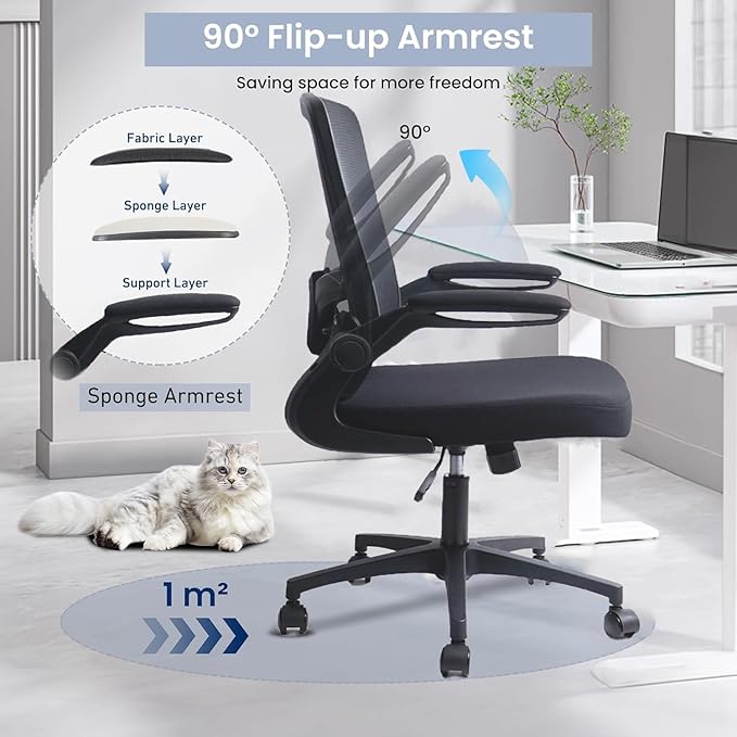 Desk Chairs with Wheels, Ergonomic Mesh Office Chair Adjustable Height and Swivel Lumbar Support Home Office Chair with Flip Up Armrests (1PK)