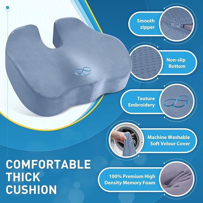 BlissTrends Seat Cushion,5.2in Thick Memory Foam Cushions for Office Chair, Car Seat, Airplane, Relieving Pressure Tailbone Sciatica Back Pain for Long Sitting Office Workers, Car Drivers LightBlue