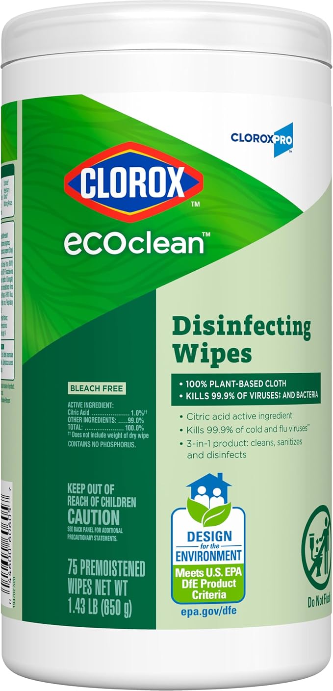 CloroxPro Clorox EcoClean Disinfecting Wipes, Multipurpose 100% Plant Based Cleaning Cloths, Antibacterial Disinfectant, Safe for Multi Surface Use, 75 Count