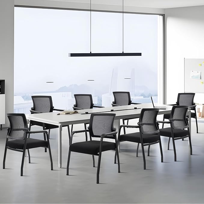 Desk Chair No Wheels with Adjustable Mesh Backrest, Arm Chair with Ergonomic Lumbar Support and Thickened Seats Cushion, Waiting Room Chairs for Office School Church Guest Reception, 8PACK