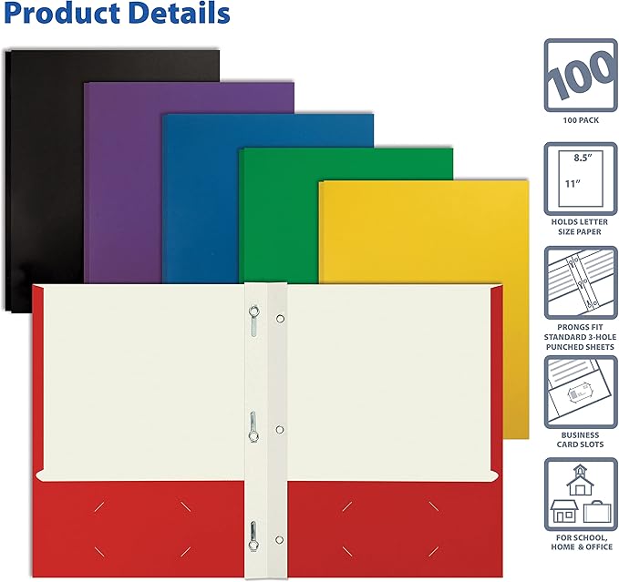 Better Office Products Letter Size Paper Portfolios, Case of 100, Assorted Primary Colors, with Fasteners (Assorted, 2 Pocket Paper Folders)